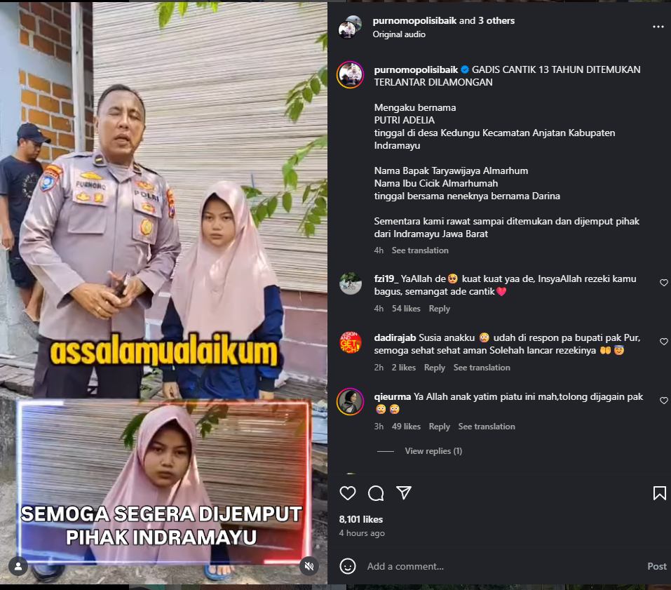Purnomo Polisi Baik Bantu remaja terlantar asal Indramayu